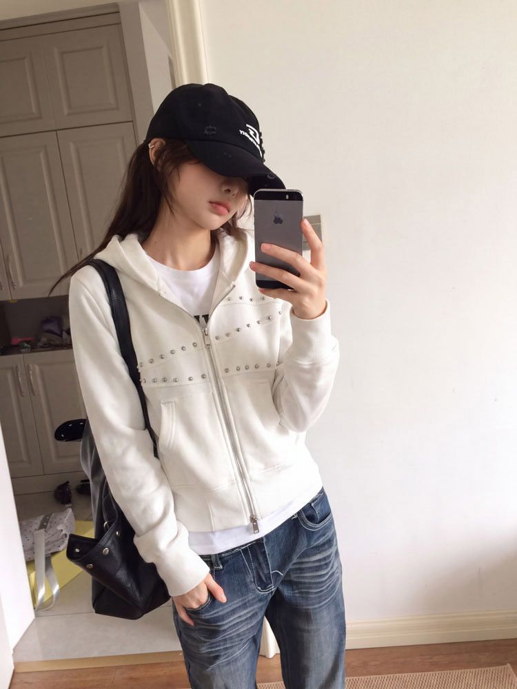 Vintage Fashion Hong Kong - Women's Y2K Studded Rivet Hoodie Zip