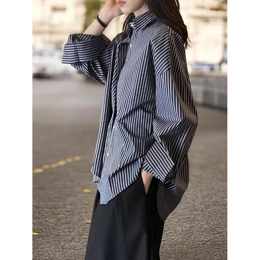 Blue Striped Loose Long Sleeve - Vintage Fashion Hong Kong 评论和价格