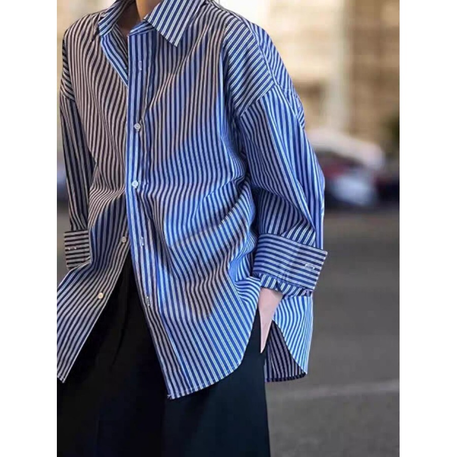 Blue Striped Loose Long Sleeve - Vintage Fashion Hong Kong 评论和价格