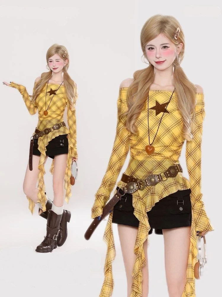 Y2K Plaid Slash Neck Vintage T - Usa Vintage Fashion 评论和价格