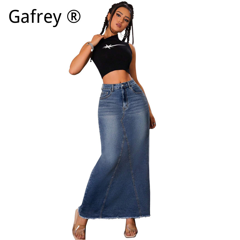 Women Denim Midi Skirt High Wa - Vintage Fashion Jeans 评论和价格
